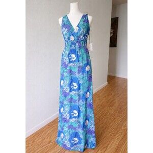 Japna Floral Maxi Dress Blue Green Sleeveless V Neck Boho Summer NWT Size M